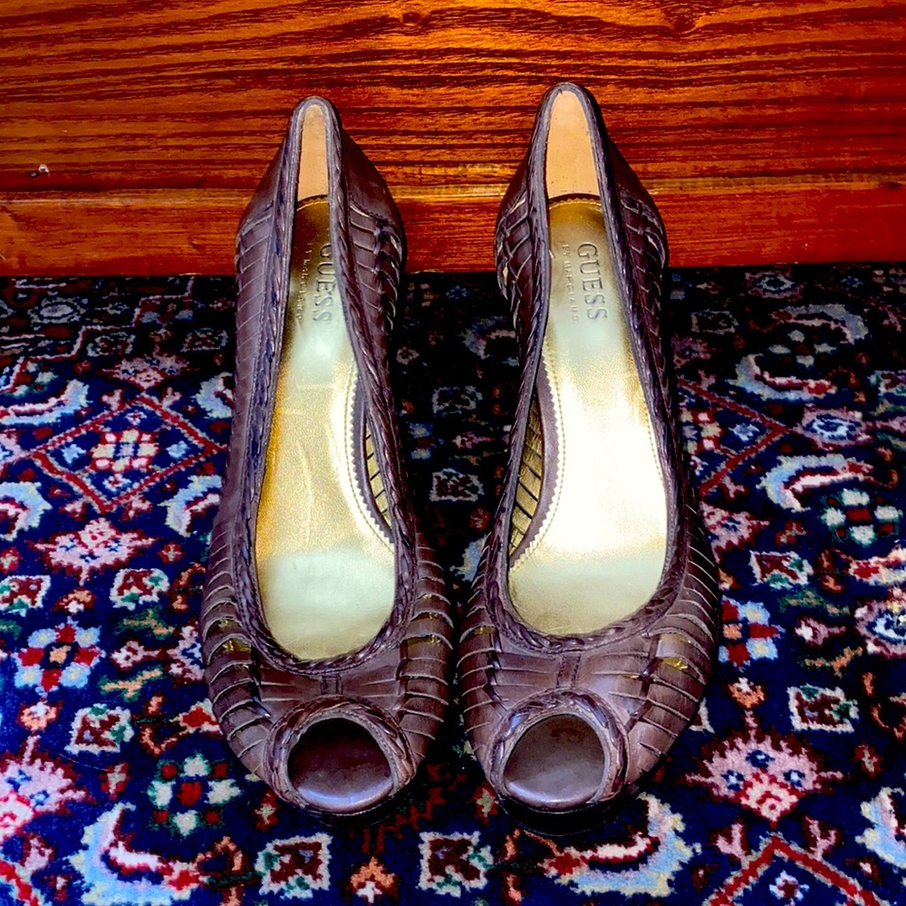 Brown leather Guess high platform peep toe heels. Size 9. Never worn